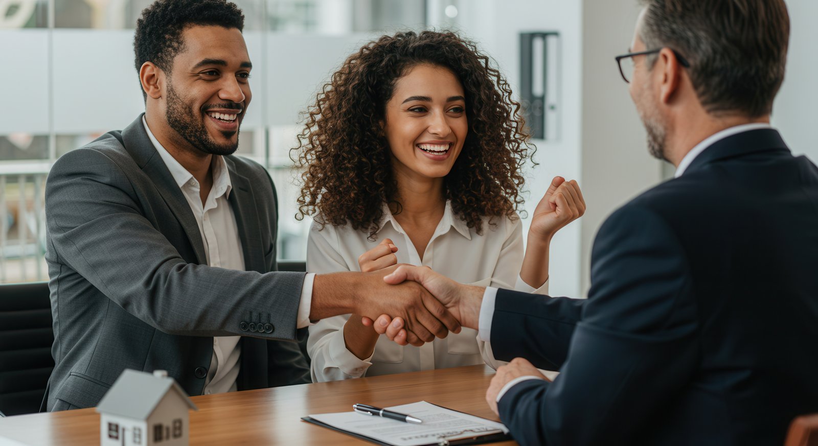 A couple shaking hands with their financial advisor