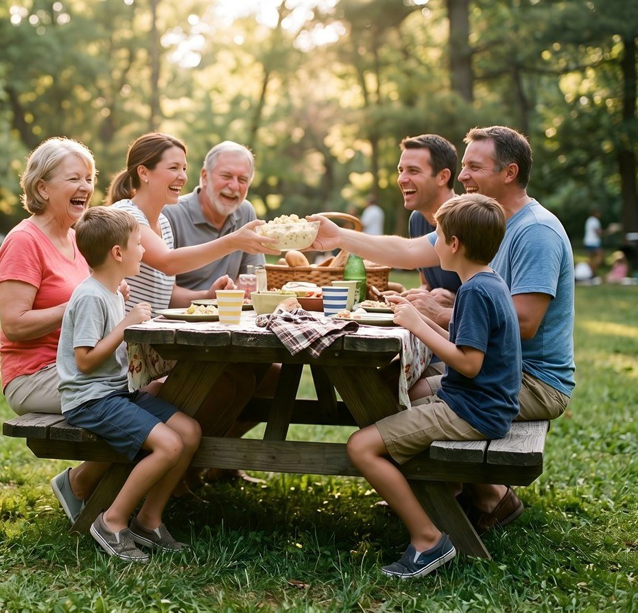 A multigenerational family enjoying a picnic together